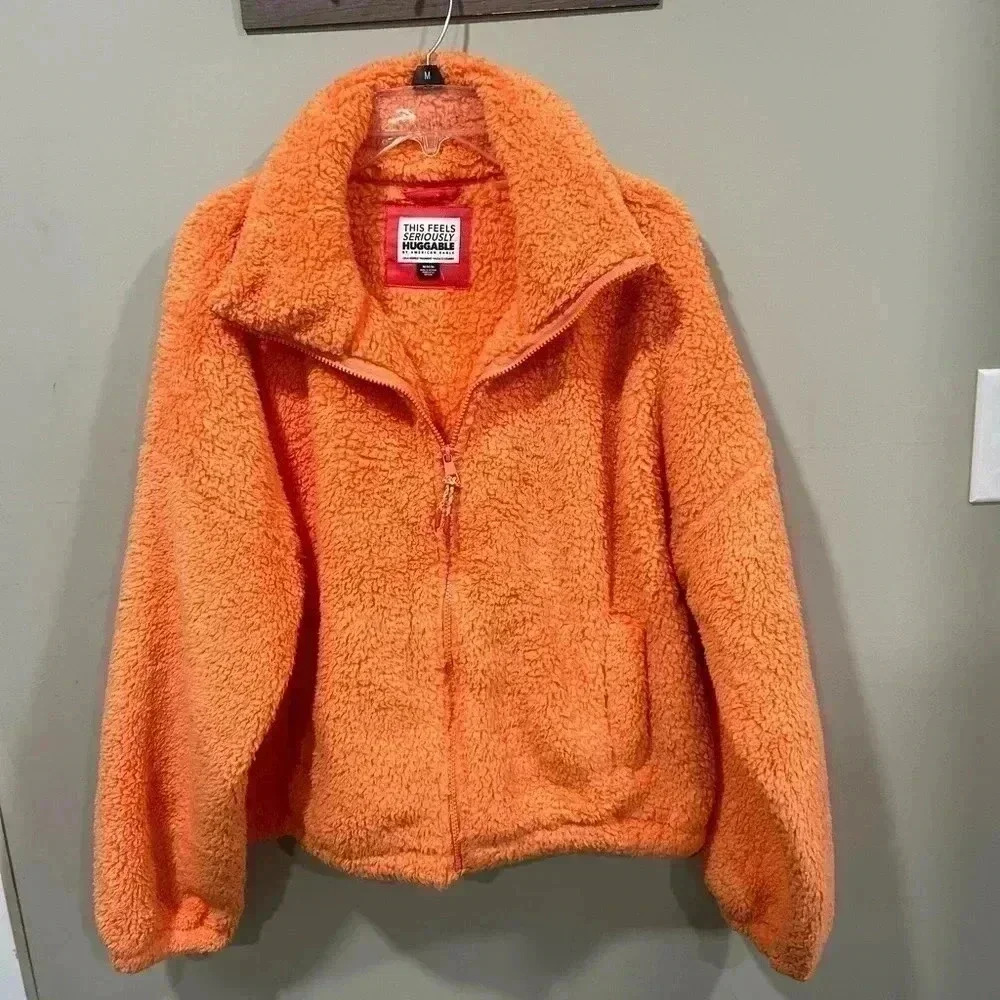 AMERICAN‎ EAGLE SHERPA Cozy Fleece  Zip up JACKET, Orange Women’s Sz M